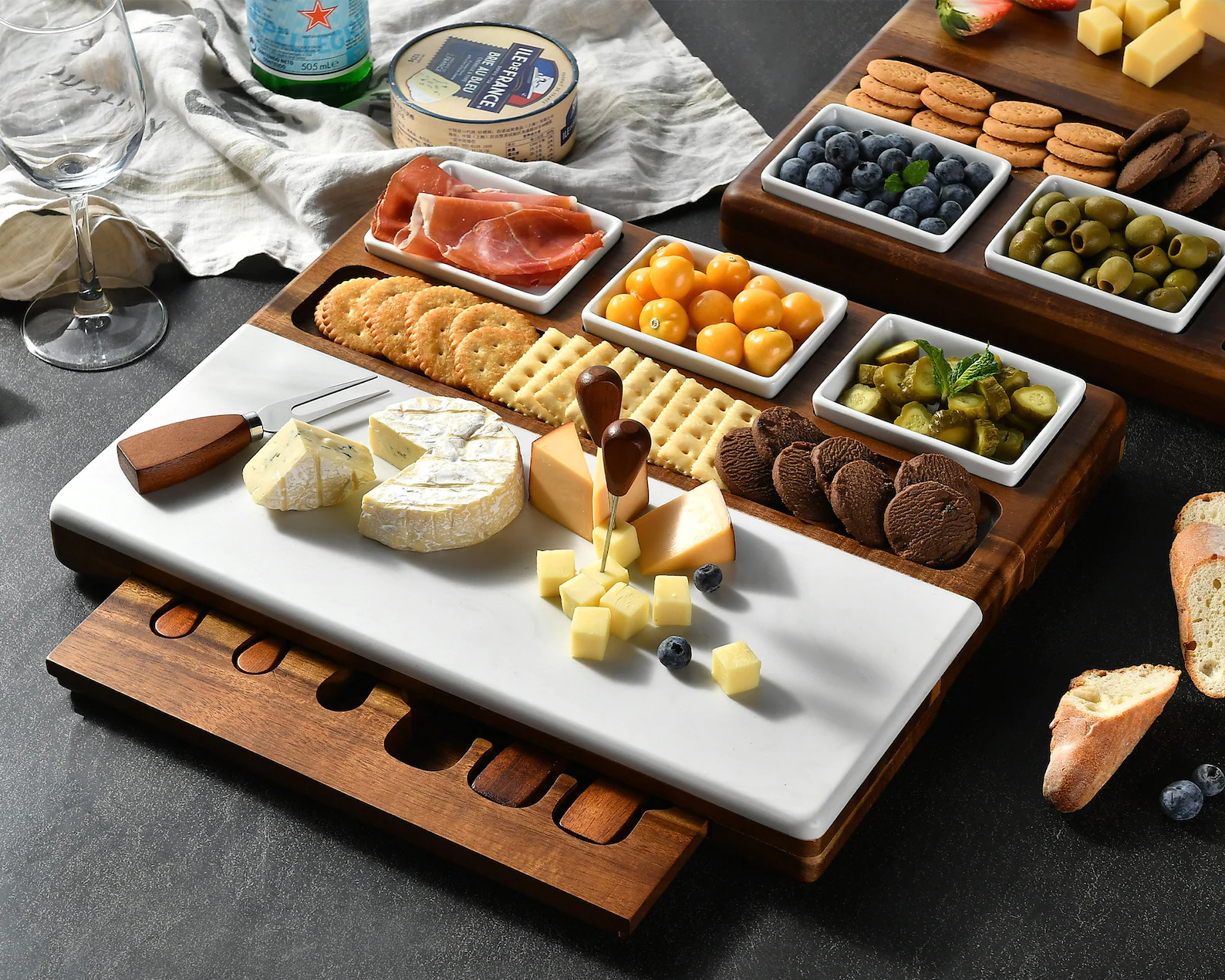 Wood & Marble Cheese Board Set With 3 Ceramic Bowls & Stainless Steel Cutlery Set