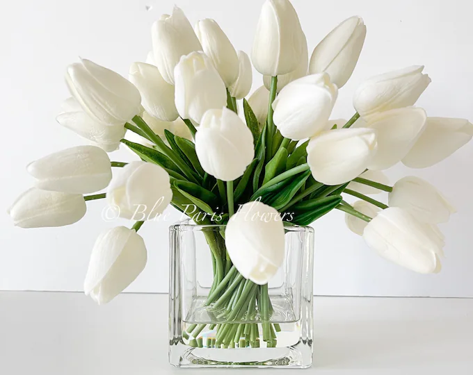 Modern Arrangement of 30 Realistic Touch Artificial White Tulips in Glass Vase