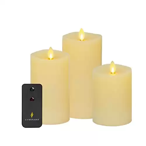 Luminara Realistic Artificial Moving Flame Pillar Candles - Set of 3 - Melted Top Edge, LED Battery Operated Lights - Unscented - Remote Included